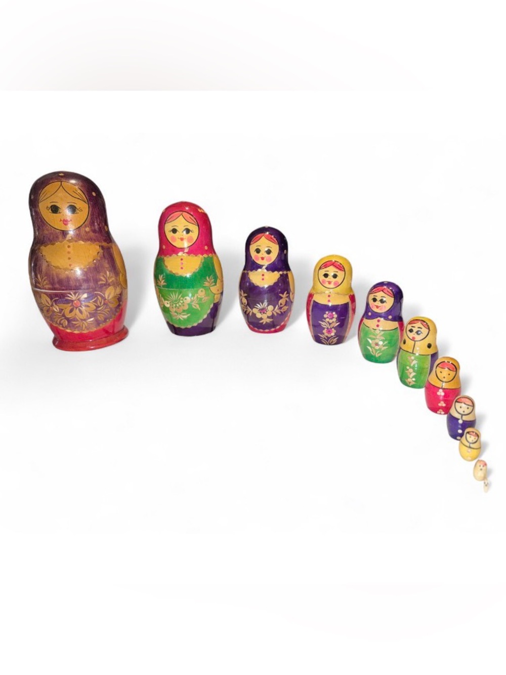 Vintage  70s Russian Nesting Dolls Matryoshka Set of 11 Straw Inlay Overlay USSR